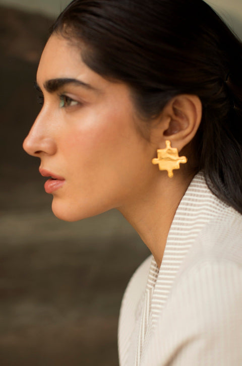 one piece Puzzle earring inspired by daily objects in 22k gold finish