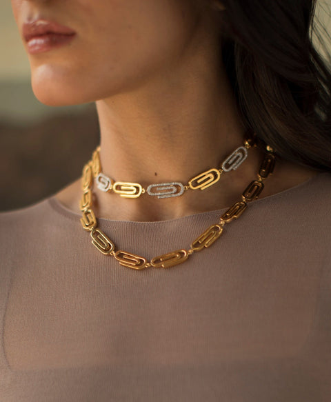 paper clip chain in 16inch and 18 inch part of daily objects jewellery available in 22k gold plated 
