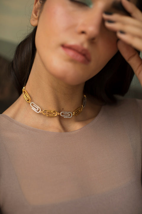 14 inch paperclip choker with lab grown diamonds handset  into 22k gold plated brass